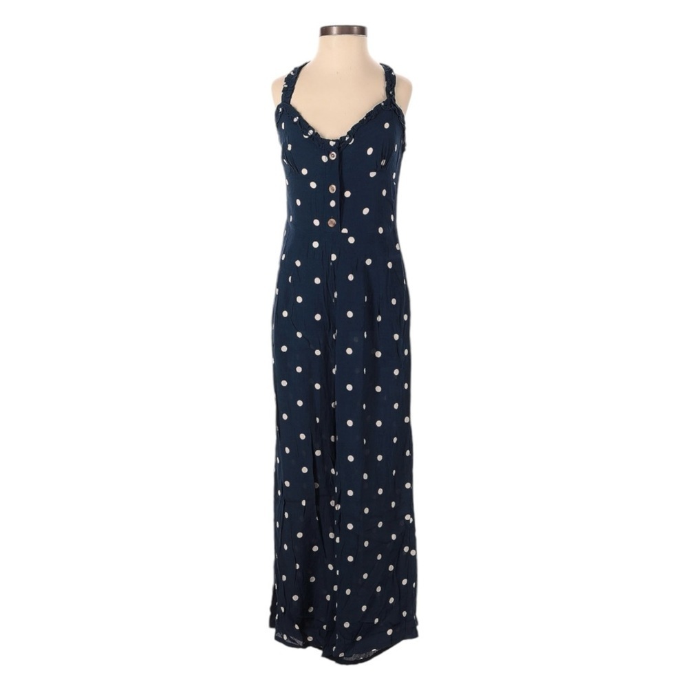 Faithfull the Brand Navy Polka Dot Wide Leg Jumpsuit Sweetheart Ruffle Pockets 4